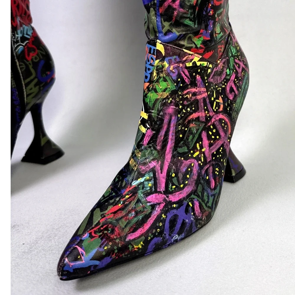 Revive Graf Multicolor Graffiti Print Over The Knee Flared Heel Boots woman  6.5